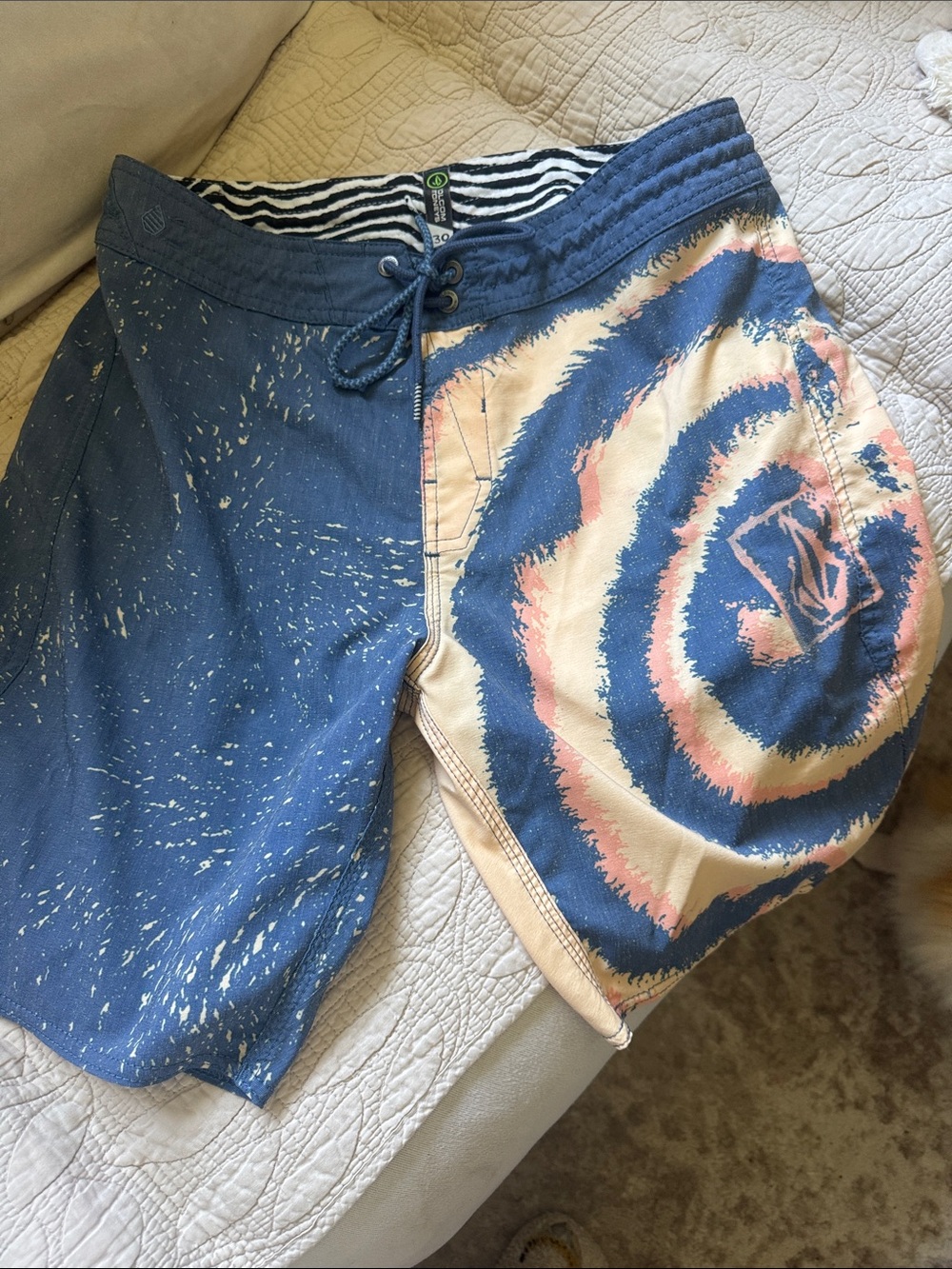 Volcom Blue and Peach Spiral Tie-Dye Swim Shorts
